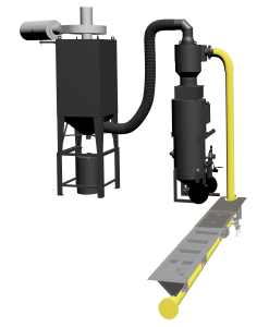 3D rendering of industrial equipment, featuring a tall black cylindrical unit connected by a hose to a large black container on metal legs, with a yellow and gray pipe structure extending outward—ideal for a blast room with a pneumatic media recovery system.