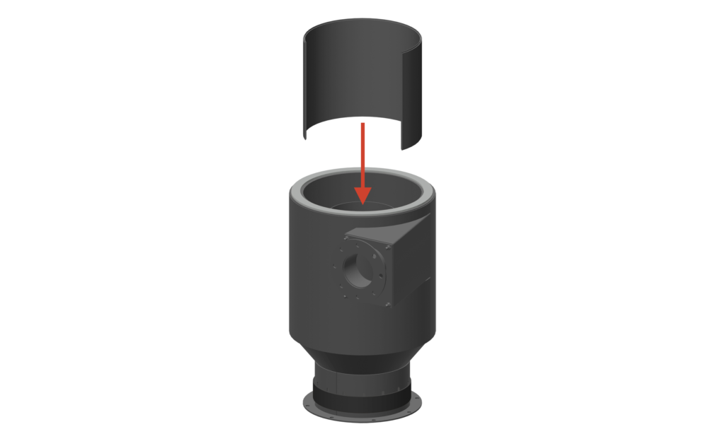 Un rendu numérique d’un composant mécanique cylindrique de séparateur cyclonique avec sa section supérieure retirée et flottant au-dessus, illustré avec une flèche rouge pointant vers le bas indiquant l’assemblage ou l’insertion.